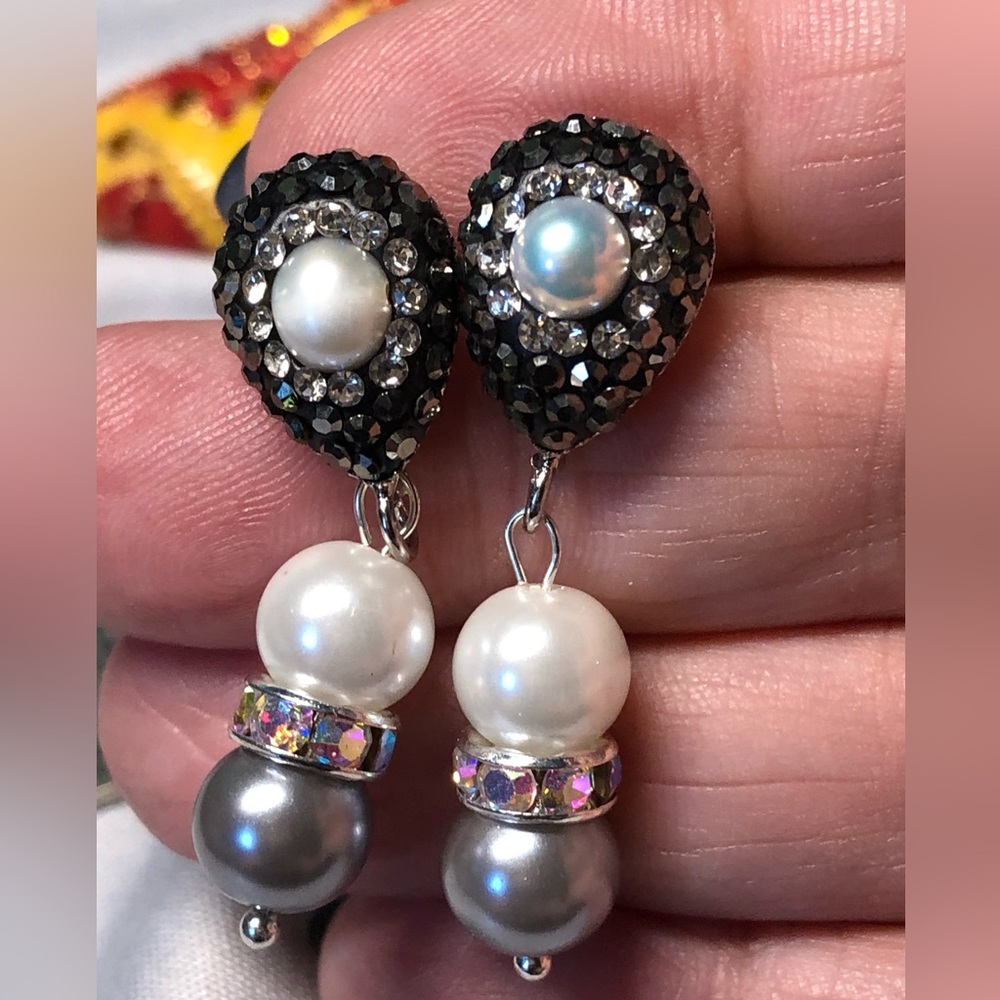 Pearl, Crystal and marcasite earrings with fresh water stud-BLING